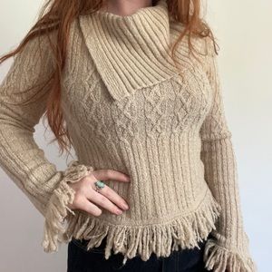 Tan fringe waist and wrist sweater